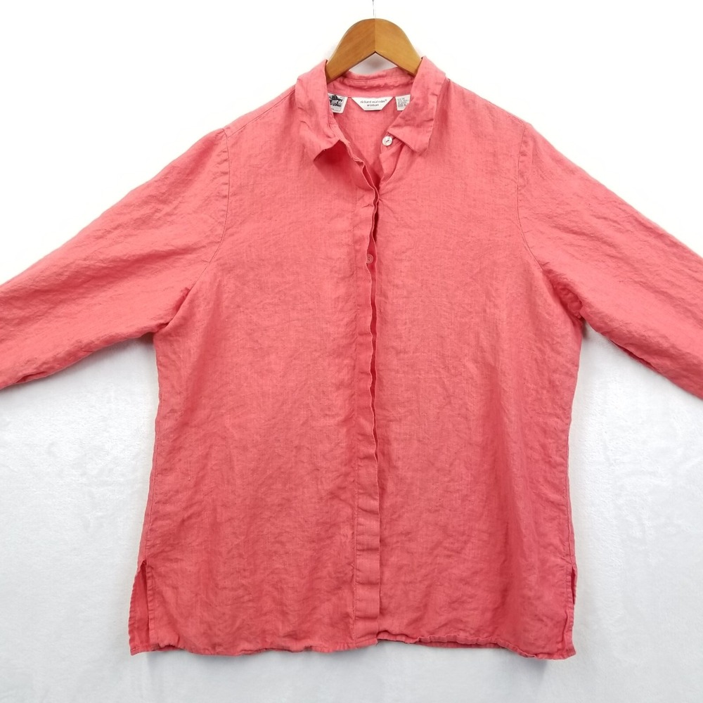 Richard Malcolm 1X Salmon Irish‎ Linen Button Front Long Sleeve Classic Blouse